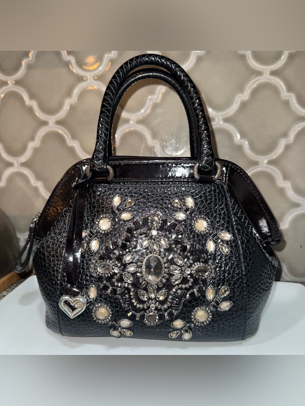 Brighton Black Embellished Satchel Jeweled Rhinestone Floral Handbag